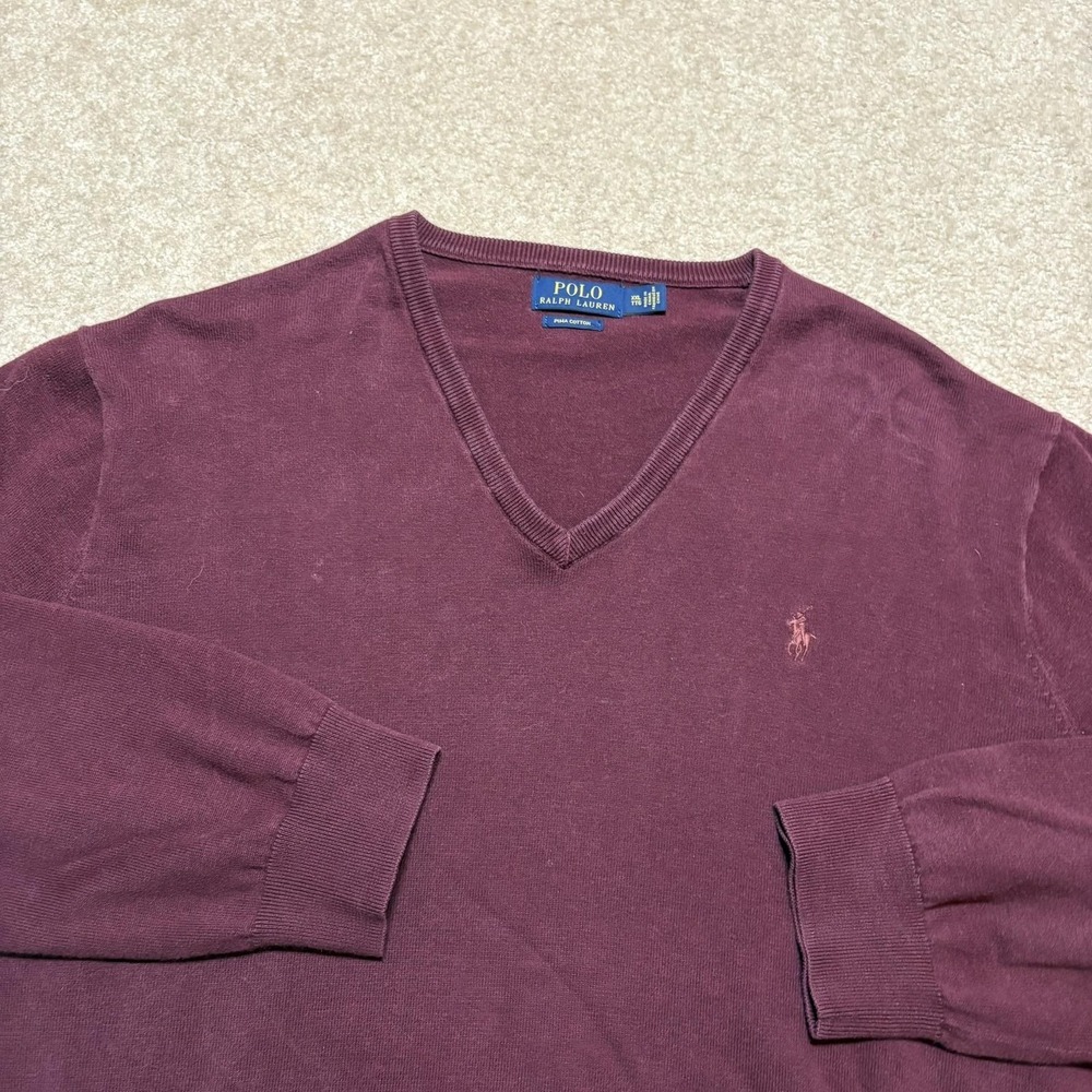 Polo Ralph Lauren Sweater Mens 2XL Burgundy Pima Cotton V Neck Pony Logo